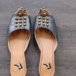 Boho Black All Leather Slides/Mules with Wood Bead Accents Size 8M Report Brand